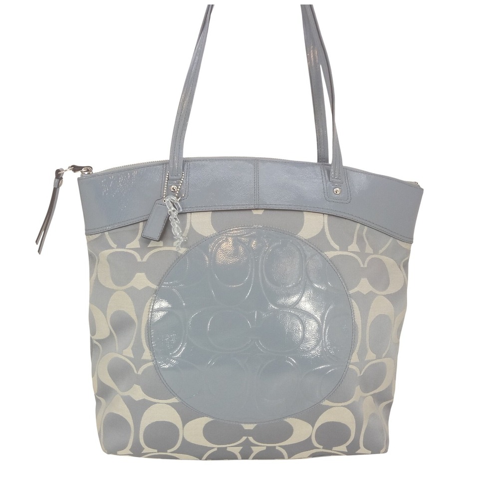 Vintage Y2K Coach Signature Jacquard Tote Large Blue Patent Leather Trim COA